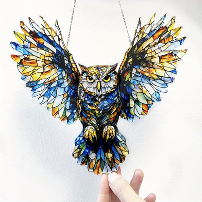 Owl Hanging Ornament Colorful Acrylic 6.7"x8", 2D Flat Animal Wall Art Decoration for Christmas Tree, Home, Office & Outdoor, Unique Birthday & Anniversary Gift for Her – Boho Bird Decor (1pc)