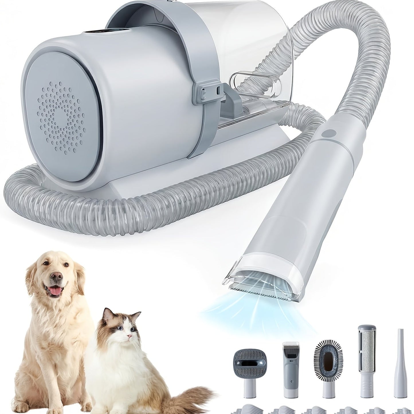 Pet Grooming Vacuum Kit, Five-in-One Suction System with Clippers, Six Guide Combs and Two Color Options