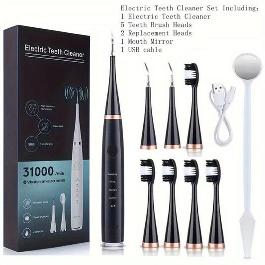 Electric Teeth Cleaner Kit USB Rechargeable – 5 Cleaning Modes Dental Scaler Plaque Tartar Remover Gum Health Tool for Adults Family Holiday Gift Set Black White Green