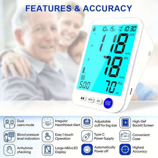 Blood Pressure Monitor Upper-Arm Device with 22-42 cm Cuff, Large Backlit Display, Dual-User Memory and Two Power Options