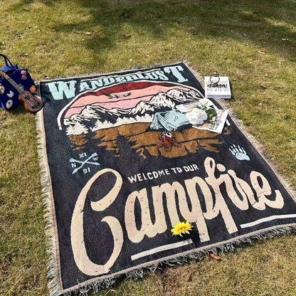 Campfire Graphic Outdoor Blanket in Five Protected Sizes from 35.43-Inch Square to 90.55 x 70.87 Inches