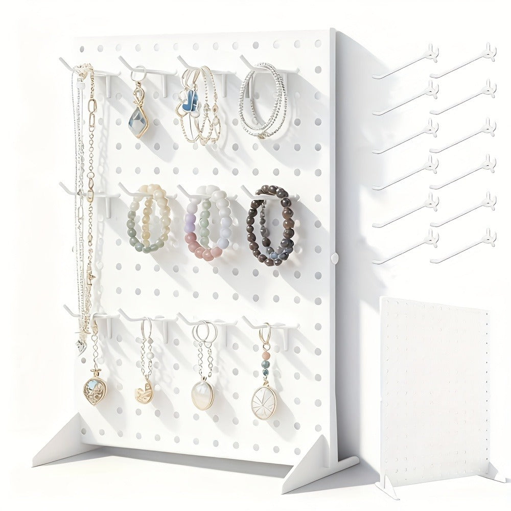 Pegboard Jewelry Display Stand with Iron-Labeled Perforated Panel, Two Feet and 12 Removable Hooks