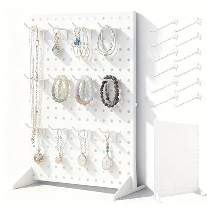 Pegboard Jewelry Display Stand with Iron-Labeled Perforated Panel, Two Feet and 12 Removable Hooks