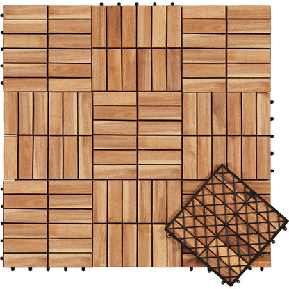 Acacia Wood Deck Tiles Interlocking Outdoor Flooring, Water-Resistant Non-Slip Patio Tiles, Easy Snap DIY Installation for Deck, Garden, Poolside, Balcony – 10pcs & 27pcs Sets Available