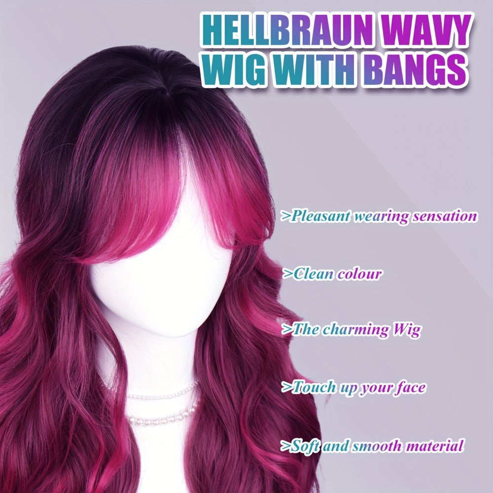 Synthetic Wig 28-Inch Rose-Red Gradient Waves with Air Bangs, 150% Density and Rose Net Cap