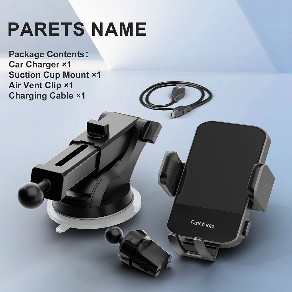 Brass-Tone Wireless Car Charger Mount with Side Clamps, Suction Base and Pictured Air-Vent Clip