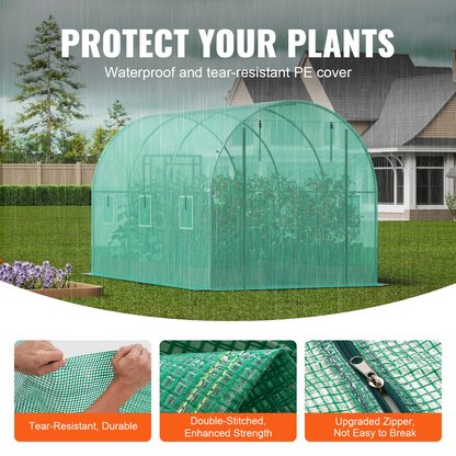 10- to 20-Foot Tunnel Greenhouse with Green Cover, Roll-Up Door and Size-Specific Vent Windows
