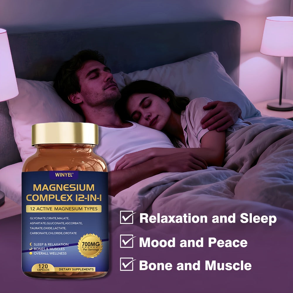 Magnesium Complex 700mg 12-in-1 120 Capsules with Glycinate, Citrate, Malate & Taurine for Sleep, Mood, Nerve, Heart & Muscle Function Support for Men & Women