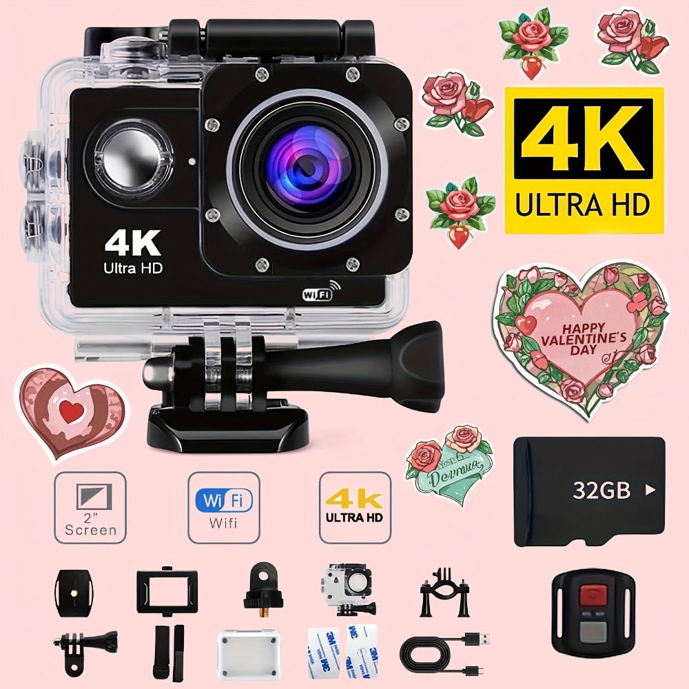 4K-Labeled WiFi Action Camera with 170-Degree Lens, 2-Inch Display, 32GB Card, Remote and Mounting Kit