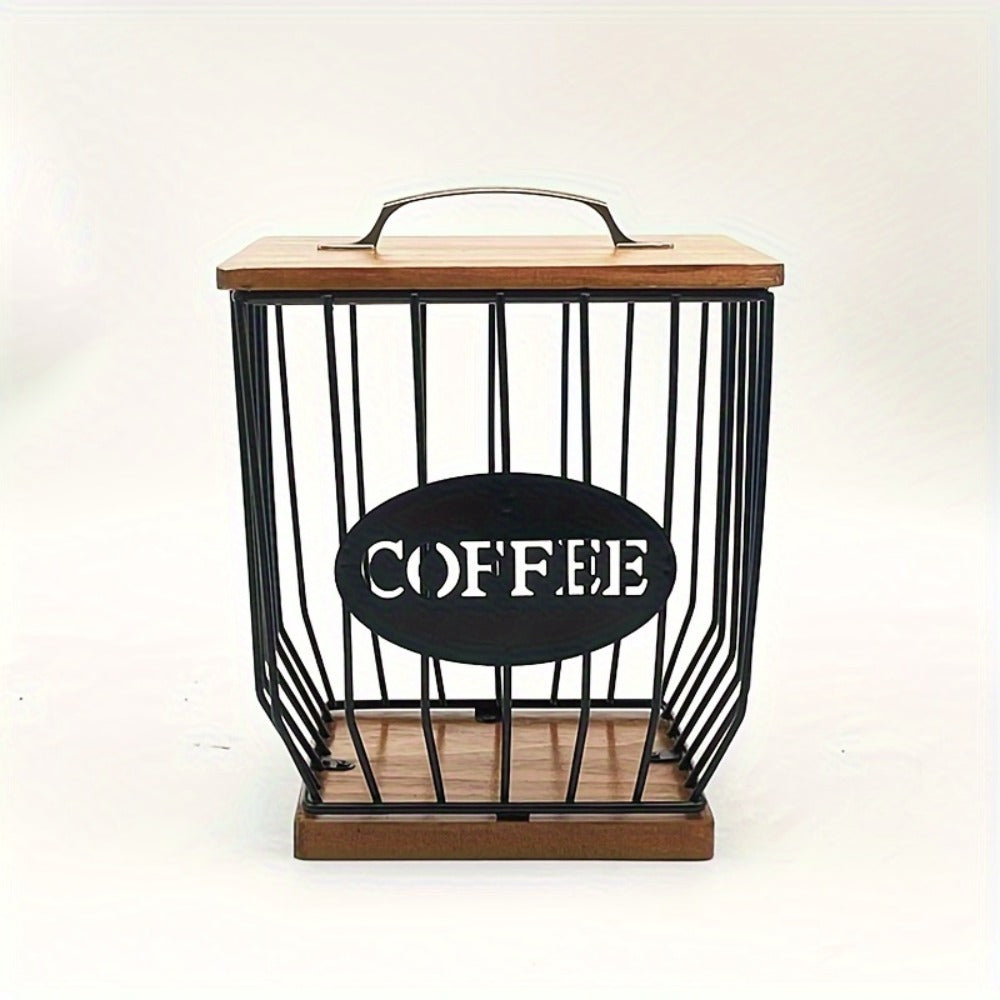 Square Metal Coffee Pod and Filter Storage Basket with Wood Lid and Base, Black Finish and Two Label Options