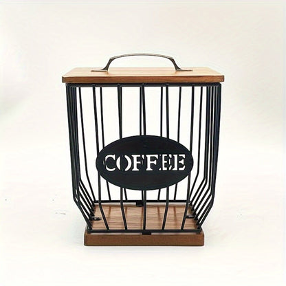 Square Metal Coffee Pod and Filter Storage Basket with Wood Lid and Base, Black Finish and Two Label Options
