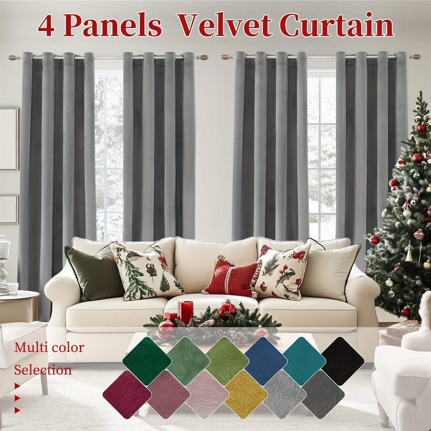 Four-Panel Velvet Blackout Curtain Set with 12 Colors, 10 Sizes and 1.6-Inch Grommet Openings
