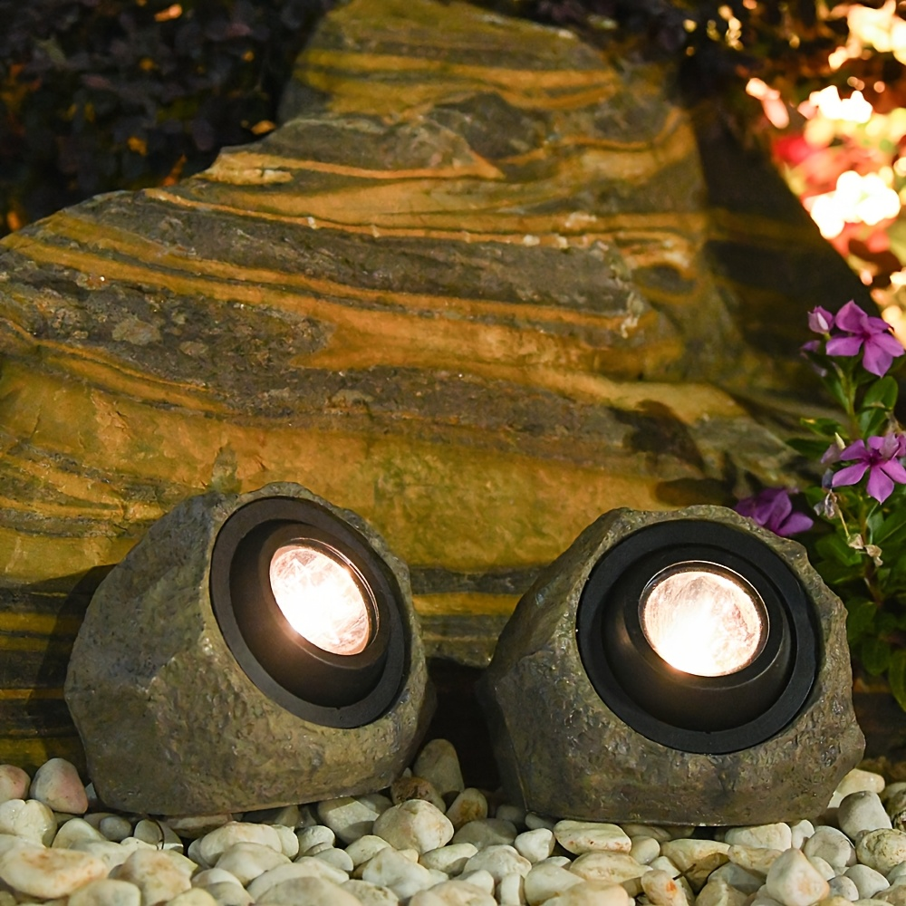 Solar Garden Light Rock Set of 2 with Warm White LEDs, IP44 Rating and Ground-Stake Installation