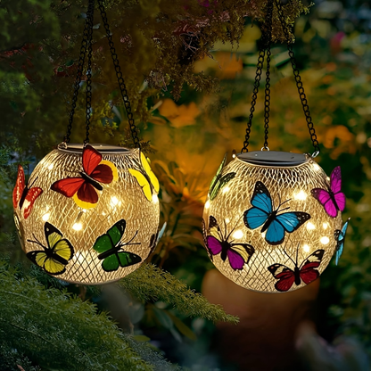 Solar Outdoor Lights 2-Pack Metal Butterfly Hanging Lanterns in Warm White or Multicolor for Porch Decor