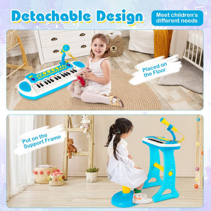 Kids Piano Keyboard 31-Key with Microphone & Stool, 22 Demos 8 Tones 7 Rhythms Flashing Lights, Portable Musical Toy for Toddlers Boys Girls Age 3+, Blue