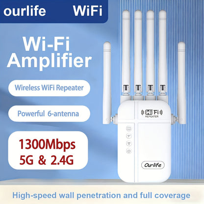 WiFi Range Extender Ourlife 1300Mbps Dual-Band 2.4/5GHz with Six Antennas and Five Color Configurations