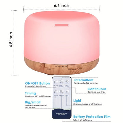 500ml Essential Oil Diffuser Set with Remote, Seven-Color Light, Timer Controls and 10 Oil Bottles