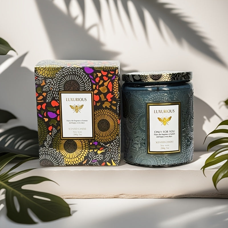 Single-Wick Relief Glass Jar Candle with Seven Scent Labels, Crystal-Style Detail and Boxed Presentation