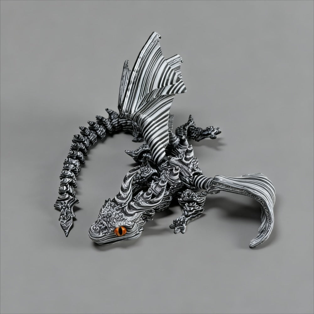 Articulated Black-and-White Swirl Dragon Figurine with Poseable Segments and Random Eye Color for Desktop Display