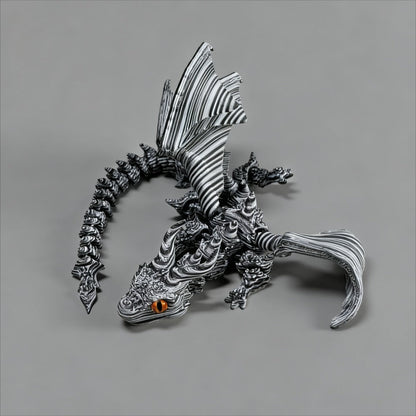 Articulated Black-and-White Swirl Dragon Figurine with Poseable Segments and Random Eye Color for Desktop Display