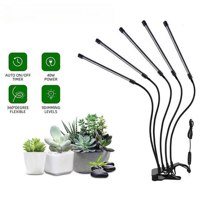 Clip-On Grow Light Strip 3/4/5 Tubes Red Blue Full Spectrum | 5-Level Brightness 3/9/12H Timer Clamp Type | Indoor Plants Desk Shelf Seedling