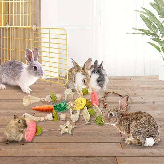 Small Animal Chew Toys 2 Pack - Rattan Ring Hanging Cage Toys with Natural Snacks for Rabbits Guinea Pigs Chinchillas Hamsters Rats - Teeth Grinding Enrichment Toy for Bunnies and Small Pets