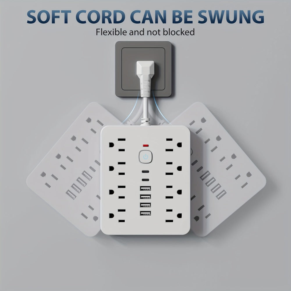14-in-1 Power Strip with Individual Switches & Overload Protection – 8 AC Outlets, 4 USB-A & 2 USB-C Ports, Multi-Plug Wall Surge Protector for Office Home Travel, White & Black