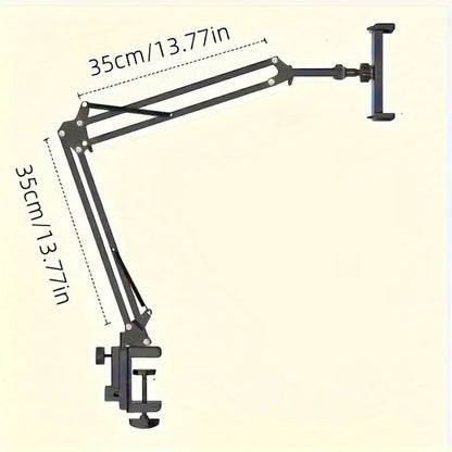 Long-Arm Tablet Stand with Desk Clamp, Two 35 cm Articulating Sections and Rotating 4–13 Inch Device Holder