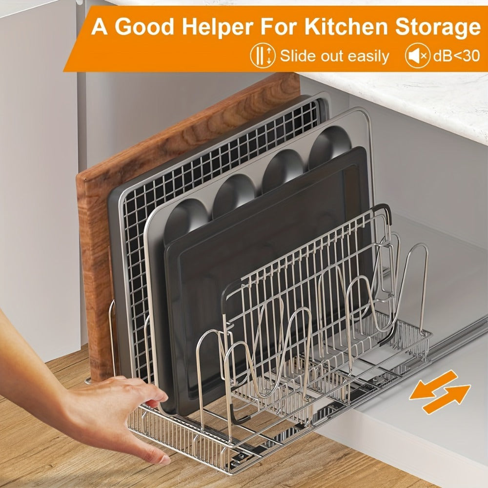 Cabinet Pot & Pan Organizer Rack with 10 Adjustable Dividers, 11"W x 17.5"D x 8.3"H, Chrome Steel Kitchen Storage