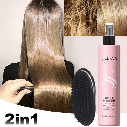 Leave-In Conditioner Spray & Detangling Hair Brush Set - Anti Frizz Smoothing Moisturizing Glycerin Formula Tames Tangles Knots for All Hair Types Women Men Curly Wavy Straight