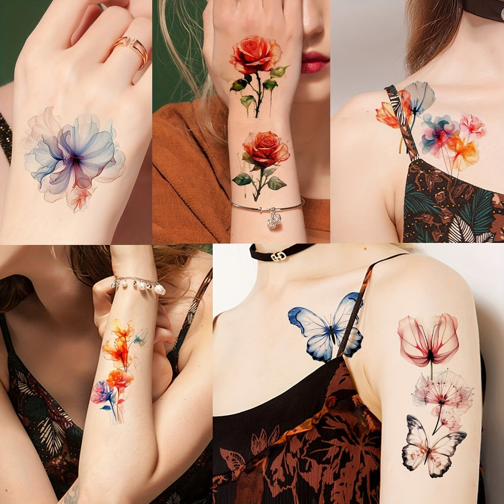 Temporary Tattoos GLARYYEARS 45-Sheet Watercolor Floral Set with 12 Large and 33 Small Designs for Arm, Wrist and Shoulder