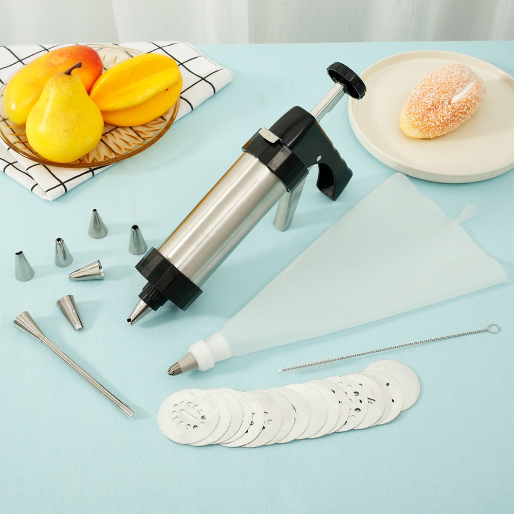 Stainless Steel Cookie Press Kit with 16 Discs, Eight Icing Tips and Cleaning Brush for Holiday Baking