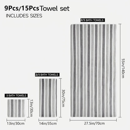 Coral Fleece Towel Set 9 or 15 Piece No Hair Loss 320GSM - Super Soft Absorbent Two-Color Striped | 2 Bath 2 Face 5 Hand Towels | Gray Brown Red Green Blue Mixed | Bathroom Beach Essentials
