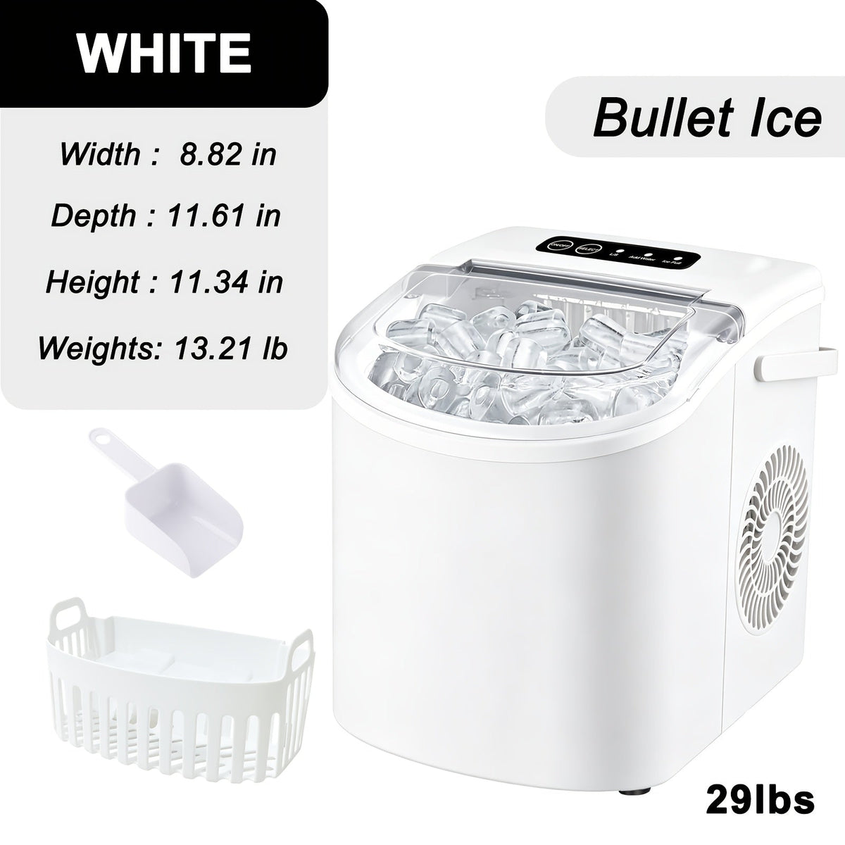 Ice Maker with Basket & Scoop, /Day Countertop Bullet Ice Machine, 9 Cubes in 6 Mins, Self-Cleaning