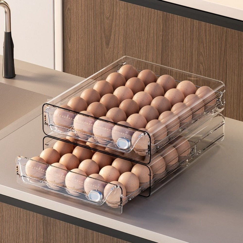 Egg Drawer Food Storage Organizer for Refrigerator with Two Clear Tiers, Lid and 40-Egg Capacity