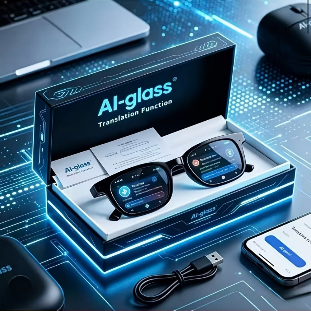 AI Translation Glasses with Real-Time Interpreter & Meeting Notes Summary – High-Speed WiFi, Smart Earphones, Stylish Glass Lens Wearable AI Device for Business Travel Multilingual Professionals
