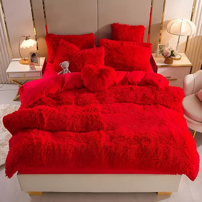 Plush Faux Fur Duvet Cover Set with Heart Pillow, Corner Ties and Twin, Queen or King Sizes in Eight Colors