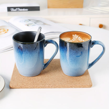 Six-Piece Blue Gradient Coffee Mug Set with Straight Handles and 14-Ounce Capacity Label Pictured