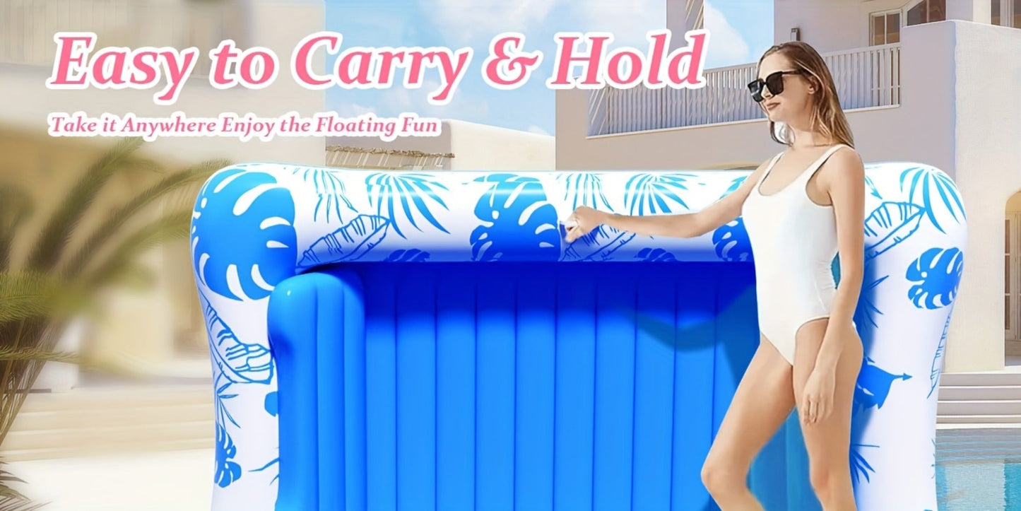 Blue-and-White Inflatable Pool Mattress with Removable Headrest, Cup Holder and 83.5 x 52.4-Inch Base