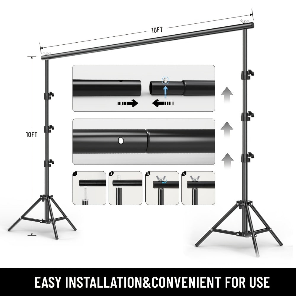 10x10ft Heavy Duty Backdrop Stand Kit - Photography Background Support System with 2 Stands, 4 Crossbars, 4 Clamps & Carry Bag for Photo Studio, Video Shoots, Parties & Events