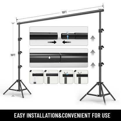 10x10ft Heavy Duty Backdrop Stand Kit - Photography Background Support System with 2 Stands, 4 Crossbars, 4 Clamps & Carry Bag for Photo Studio, Video Shoots, Parties & Events