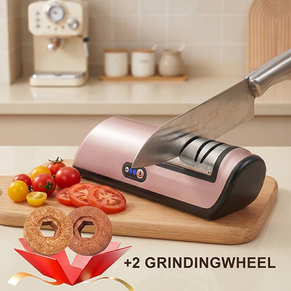 Two-Stage Electric Knife Sharpener in White or Pink with Two Extra Sanding Wheels Included