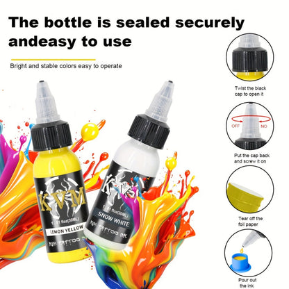 1oz Tattoo Ink Set 7 & 14 Colors Professional - 30ml Stable Vibrant Pigment Bottles, Fade-Resistant Permanent Ink for Rotary Coil & Pen Tattoo Machine, Complete Color Kit for Artists & Beginners