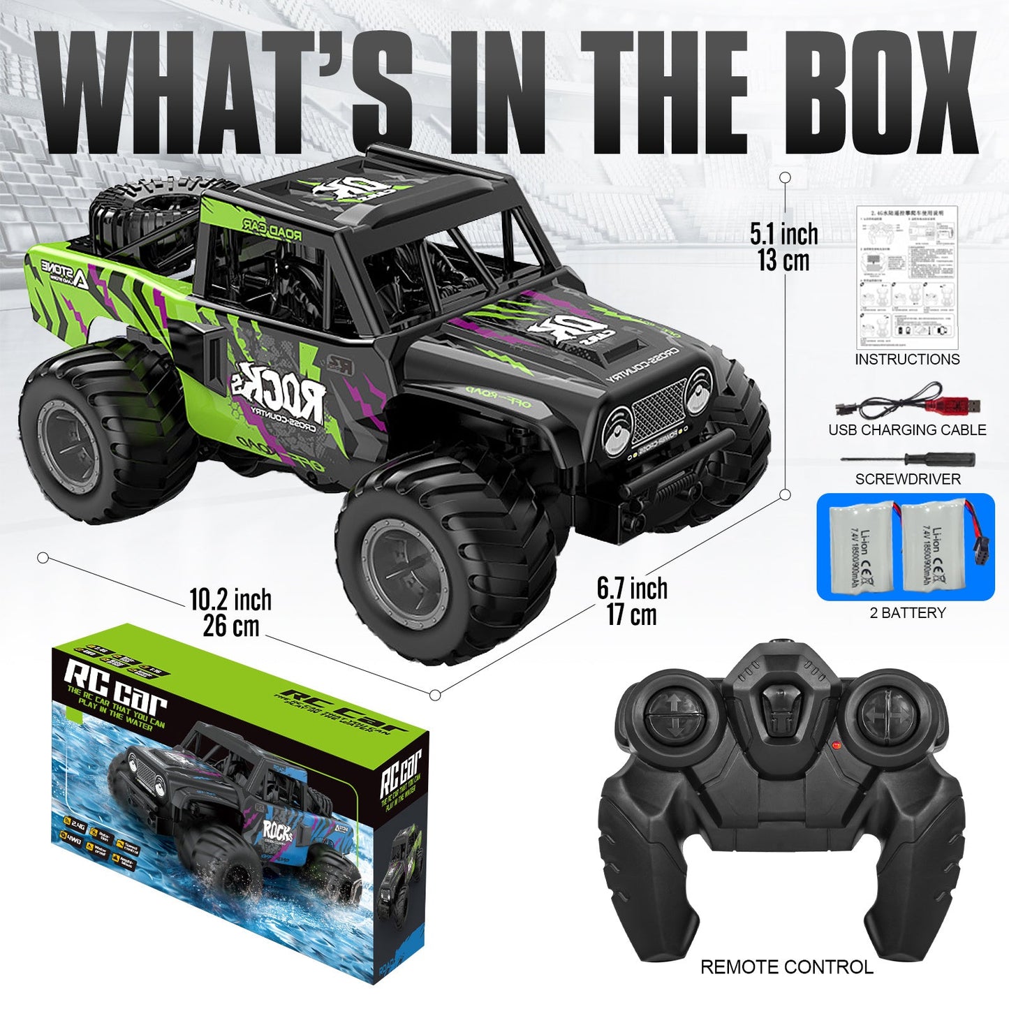 RC Monster Truck or Pickup 1:16 Scale in Five Body and Color Styles with 4WD Layout and Two Rechargeable Batteries