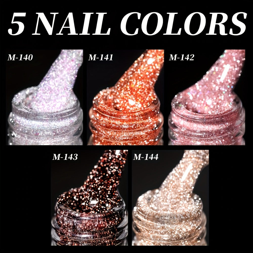 Gel Nail Polish – Glitter Set 5 Colors Pastel Sparkling Diamond Shimmer – Soak-Off LED UV Semi-Permanent Gel Varnish Photo Frame Bottle…