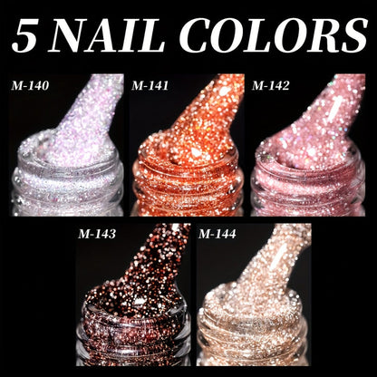 Gel Nail Polish – Glitter Set 5 Colors Pastel Sparkling Diamond Shimmer – Soak-Off LED UV Semi-Permanent Gel Varnish Photo Frame Bottle…