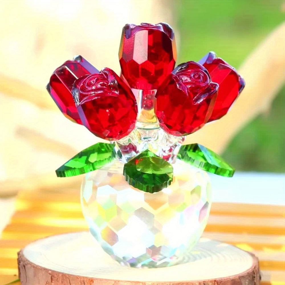 Artificial Flowers Crystal-Look Mini Rose Arrangement with Faceted Display Base in Four Color Options