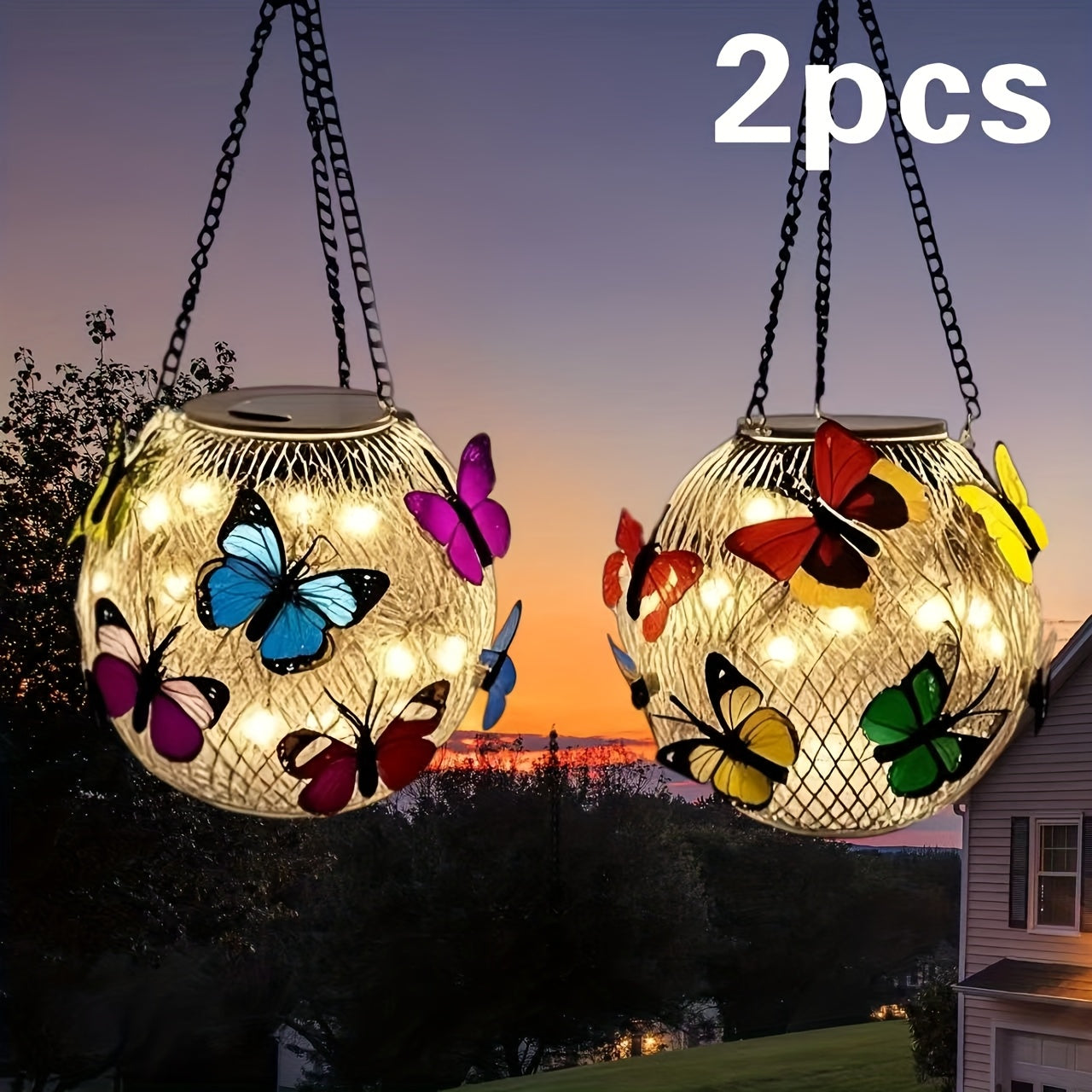 Solar Outdoor Lights 2-Pack Metal Butterfly Hanging Lanterns in Warm White or Multicolor for Porch Decor