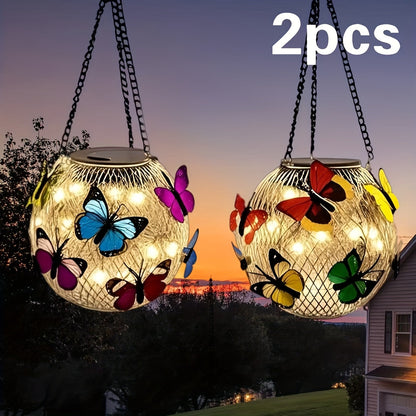 Solar Outdoor Lights 2-Pack Metal Butterfly Hanging Lanterns in Warm White or Multicolor for Porch Decor