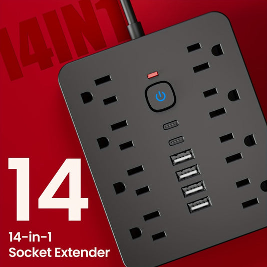 Power Strip Flat-Plug Wall-Mount 14-in-1 with 8 AC Outlets, 4 USB-A, 2 USB-C and 5- or 10-Foot Cord